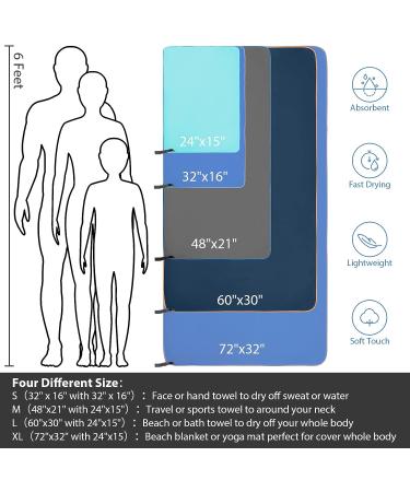Sfee 2 Pack Microfiber Travel Towel Set - Quick Dry, Super Absorbent, Lightweight - Perfect for Beach, Gym, Hiking, Pool - XL Dark Blue Towels 72x32 + 24x15 - Buy Online on SooperMarket.com