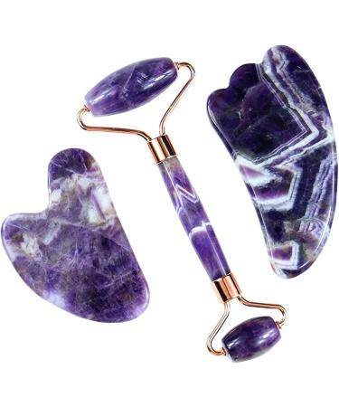 Amethyst Rough Face Care Massage Tool Set | Gua Sha & Roller | Natural Jade Massager for Facial & Body Beauty Detox - Buy Online on SooperMarket.com