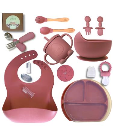 Baby Led Weaning Feeding Supplies for Toddlers O'doe Baby Feeding Set (17 Pcs) | Suction Silicone Baby Bowl Self Eating Utensils with Fruit Feeder Cup Bibs Food Plate Kit with Lid (Rose Pink V2)