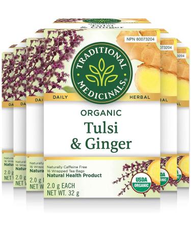 Traditional Medicinals - Organic Tulsi with Ginger Herbal Tea (Pack of 6) - Adaptogen That Helps Increase Energy and Stress Response - 96 Tea Bags Total Tea Tulsi with Ginger 16 Count (Pack of 6)