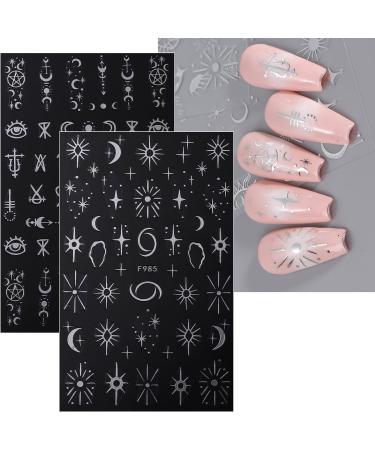 JMEOWIO Self-Adhesive Silver Nail Art Stickers - Moon, Star, Sun Design - 8 Sheets - Buy Online on SooperMarket.com