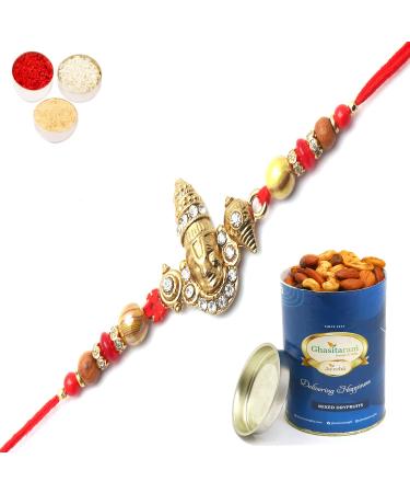 Ghasitaram Gifts Rakhi for Brother Rakhis Online - The Incarnation of Lord Vishnu bestowing his Blessings Rakhi with 100 GMS of Dryfruits Mix Can Rakhi Set with 100 gms of Dryfruits Mix Can