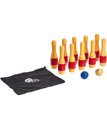 Lawn Bowling Game/Skittle Ball- Indoor and Outdoor Fun for Toddlers, Kids, Adults 10 Wooden Pins, 2 Balls, and Mesh Bag Set by Hey! Play! (11 Inch)