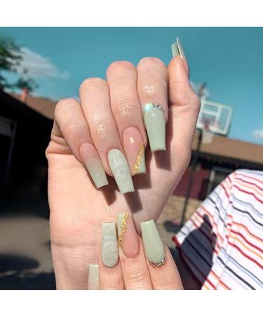 Luvadeyo 24pcs Ballerina Press on Nails Coffin Long Fake Nails Acrylic Full Cover Luxury Green False Nails for Women and Girls A-Green