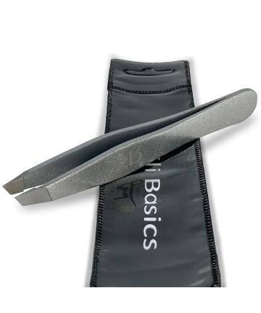 Zizzili Basics Tweezers - Surgical Grade Stainless Steel - Slant Tip for Expert Eyebrow Shaping and Facial Hair Removal - with Bonus Protective Pouch - Best Tweezer for Men and Women Silver