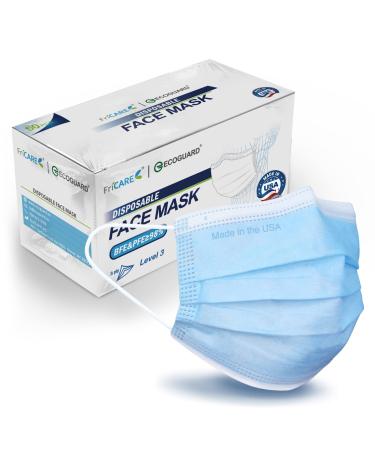Made in USA ECOGUARD Adult ASTM Level 3 Disposable Face Masks by FriCARE, 3 Ply Protection Breathable 50 Pack Elastic Earloop Blue