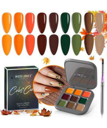 Modelones Fall Gel Nail Polish Set, 9 Colors Orange Green Yellow Solid Gel Polish Brown Red Pudding Gel Upgraded Crme Manicure Palette Soak Off LED Nail Art Kit Salon DIY, with Pro Nail Brush A4-Urban City