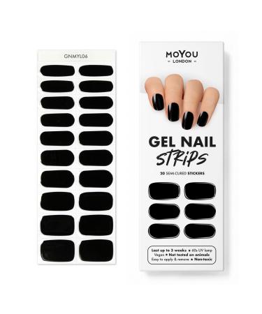 MOYOU LONDON Semi Cured Gel Nail Wraps 20 Pcs Gel Nail Polish Strips for Salon-Quality Manicure Set with Nail File & Wooden Cuticle Stick (UV/LED Lamp Required) - Jet Black