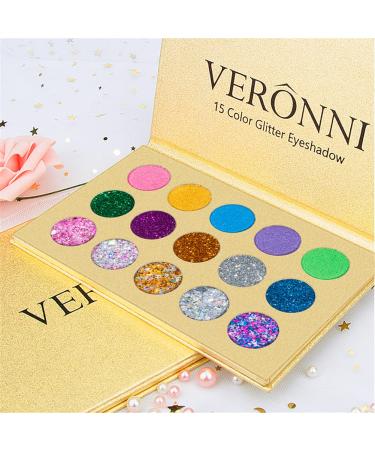 VERONNI Glitter Eyeshadow Palette - 15 Colors Matte Shimmer Glitter | High Pigment Eye Shadow Palette for Stage & Halloween Makeup - Buy Online on SooperMarket.com