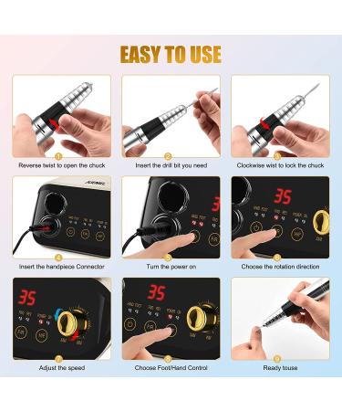 JUEMEL Professional Nail Drill Machine 35000rpm with Foot Pedal, Forward/Reverse Rotation, 125pcs Nail Drill Bits - Electric File for Gel Nails, Acrylic Manicure Pedicure Tool Kit, High-Speed Polishing & Shaping - Wall Plug Included - Buy Online on SooperMarket.com