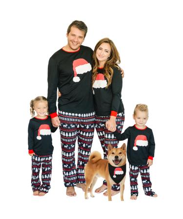 IFFEI Christmas Pyjamas Matching Family Pajamas Sets Xmas Pjs Letter Print Tops and Plaid Pants Sleepwear Nightwear for Women Men Kids Baby Pet Kids 3-4 Years Black/Santa Hat