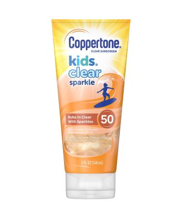 Coppertone Kids Clear Sparkle SPF 50 Sunscreen Lotion  Water Resistant  Reef Friendly (Octinoxate & Oxybenzone Free)  Cooling  Moisturizing  Broad Spectrum UVA/UVB Protection  5 Fl. Ounces