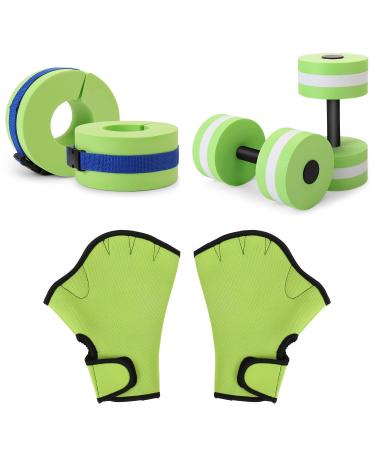 Carperipher 6 Pieces Water Aerobics Set for Aquatic Exercise, Pool Fitness Equipment Foam Water Dumbbell Set, Aquatic Dumbbells, Resistance Gloves,Foam Swim Aquatic Cuffs, Water Workout Fitness Tool Green