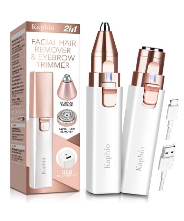 Kaphio Facial Hair Removal for Women, Rechargeable Hair Remover, 2 in 1 Eyebrow Trimmer and Face Shavers for Women,Hair Removal Device for Eyebrows, Peach Fuzz, Lips, Arms with Light