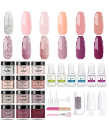 Lofuanna 24Pcs Dip Powder Nail Kit-12 Colors Nude Pink Purple Glitter Dipping Powder Starter Kit with Base Top Coat Activator No UV/LED Needed All-in-One DIY French Nail Art Manicure Set for Beginners A3-Elegant Colors