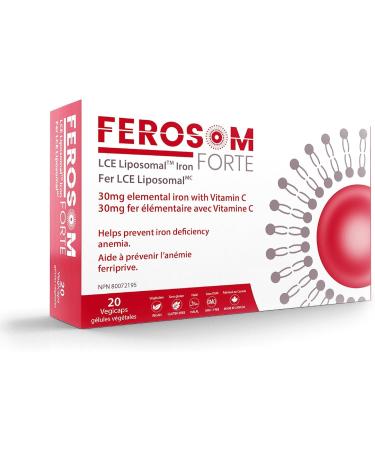 Ferosom Forte LCE Liposomal Iron Iron Supplement Capsule Gentle on the Stomachs 30g Elemental Iron with Vitamin C One-A-Day Easy to Swallow Iron Pills for Women and Men 20 Vegan Iron Capsules