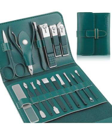 Manicure Set Professional Nail Clippers Pedicure Kit 16 pcs Stainless Steel Nail Care Tools Grooming Kit with Luxurious Travel Leather Case for Thick Nails Men Women Gift (Green)