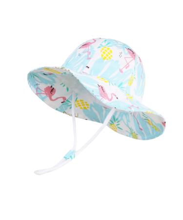 LANGZHEN Beach Sun Protection Hat for Baby Girls Adjustable Toddler Kids Hat Wide Brim Summer Play Hat with Chin Strap Flamingo 6-12 Months