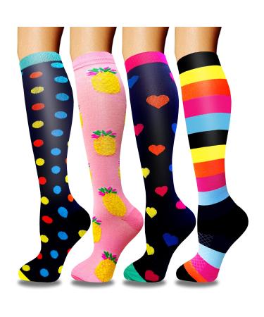 Actinput 4 pairs of compression stockings for women men colorful support stockings compression socks for sports flight running travel cycling nurse 4102 - Rosa S -M