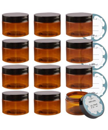 Qeirudu 4 oz Amber Plastic Jars with Lids and Labels, 12 Pack Refillable Empty Round Brown Cosmetic Containers for Beauty Products, Creams, Lotion, Essential oil, Powders and Ointments