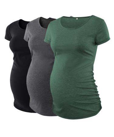 Love2Mi 3PCS Maternity Shirt Short Sleeves Maternity Wear T-Shirt Casual Maternity Tops S Black + Dark Gray + Pock Dark Green