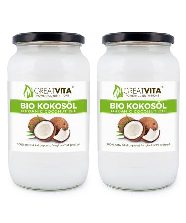 GreatVita Organic Coconut Oil virgin (2 x 1000 ml) in a glass jar for cooking frying baking skin care 1000 ml (pack of 2)