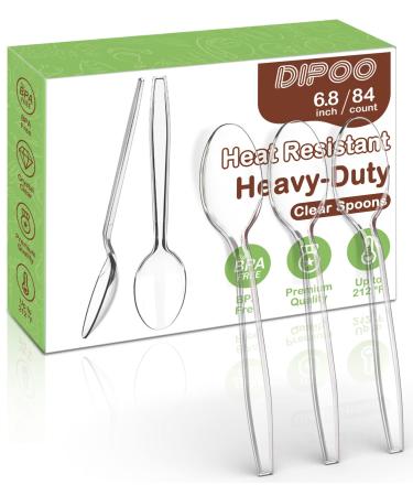 6.8 Inch Large Size Plastic Spoons Heavy Duty with Heat Resistant & BPA Free, Clear Solid and Durable Plastic Cutlery, Premium Disposable Spoons for Party Supply (84 Count) Spoons-84