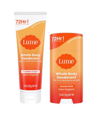 Lume Whole Body Deodorant - Invisible Cream Tube and Solid Stick - 72 Hour Odor Control - Aluminum Free  Baking Soda Free  Skin Safe - 3.0 Ounce Tube and 2.6 Ounce Solid Stick Bundle (Clean Tangerine)