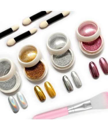 Lofuanna Chrome Nail Powder Set - 4 Colors Mirror Effect Holographic Glitter for Nail Art with 4pcs Eyeshadow Sticks and Dust Brush - 0.5g/Jar - Buy Online on SooperMarket.com