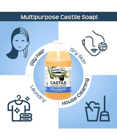 Vermont Castile Soap Unscented 64 Fl Oz - Gentle Liquid Soap for Sensitive Skin, Natural Body Wash, Organic Shampoo - Aloe Castile Soap for Men & Women - Buy Online on SooperMarket.com