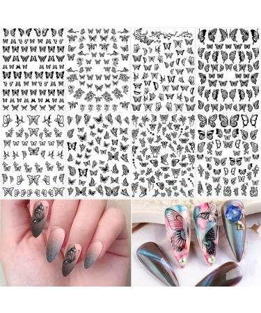Black Retro Butterfly Nail Art Stickers - 8 Sheets Adhesive Decals for Acrylic Nails Decoration - Buy Online on SooperMarket.com