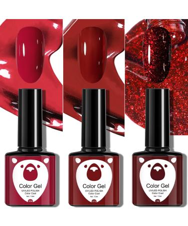 Red Gel Nail Polish Set Glitter Dark Red Burgundy Cherry Red Gel Polish Sets Soak Off LED/UV Lamp Manicure Long Lasting Nail Varnish Kit for Christmas Women Nail Art Salon DIY Home