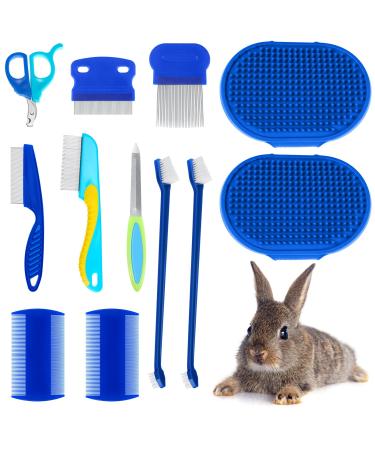 12 Pieces Rabbit Grooming Kit Nail Clipper and Trimmer Pet Hair Remover Long and Short Comb Tear Stain Remover Comb Small Animal Massage Brush Double-Sided Comb Toothbrush for Rabbit Hamster Blue
