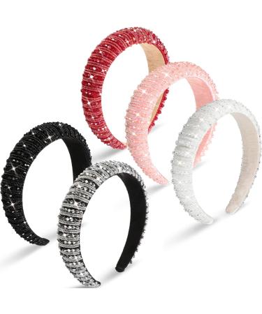 Syhood 5 Pieces Valentine's Day Rhinestone Padded Headband Crystal Beaded Glitter Hairband Wide Edge Bejewelled Headwear Baroque Rhinestone Embellished Headpiece Wedding Hair Accessory (Mixed Color)