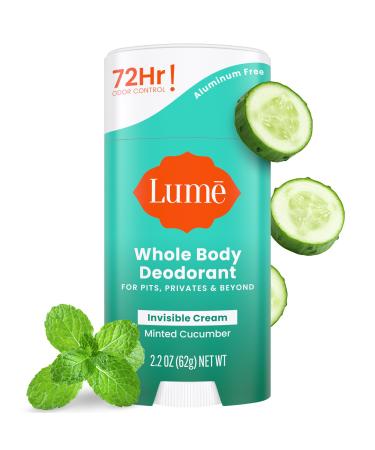 Lume Whole Body Deodorant - Invisible Cream Stick - 72 Hour Odor Control - Aluminum Free Baking Soda Free Skin Safe - 2.2 Ounce (Minted Cucumber)