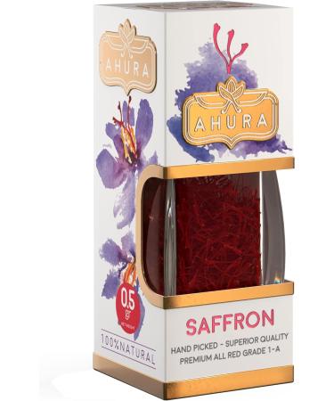 Ahura Finest Natural Saffron Threads - Pure Grade 1 All Red Saffron Spice - 0.5g Jar for Tea, Paella, Risotto, Pasta, Rice Cooking - No Additives | Pack of 1 - Buy Online on SooperMarket.com