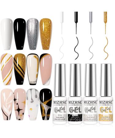 MIZHSE Nail Art Gel Liner Polish Set UV Gel Nail Polish 4 Colours Nail Art Kit French Manicure Gel Polish For DIY Nail Studio Black White Nail Polish Glitters Nail Art Gel 7ml*4