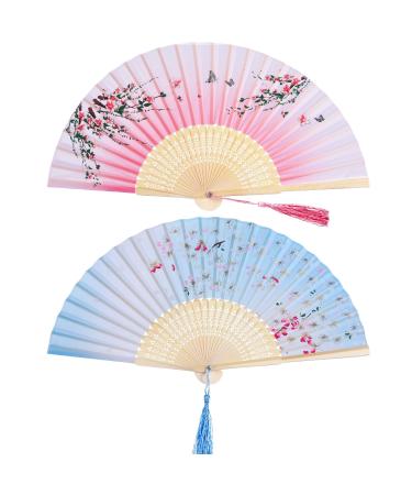 2 Pieces Folding Fans Handheld Fans Bamboo Fans with Tassel Women's Hollowed Bamboo Hand Holding Fans for Wall Decoration Gifts (Pink Peach Blossom and Blue Cherry Pattern) Blue Pink
