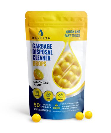 Garbage Disposal Cleaner and Deodorizer Drops- 50-Count Lemon Zest Scented Kitchen Sink Freshener Pods & Drain Odor Eliminator Disposer Care Balls by Bastion