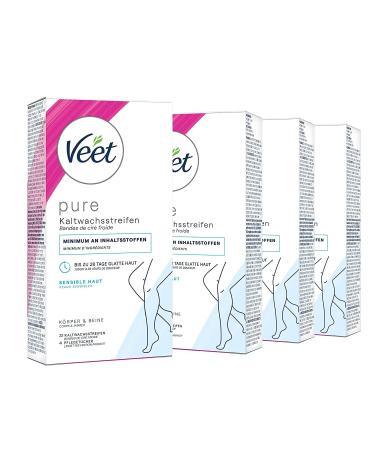 Veet Pure cold wax stripes with easy -gelwax technology - suitable for sensitive skin - application for body & legs - 4 pack (4 x 22 pieces) - 44 double strips 88 single strips 44 pieces (1 Pack)