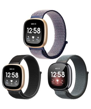 3-Pack Elastic Nylon Bands Compatible with Fitbit Versa 3/Fitbit Sense, Soft Adjustable Breathable Sport Replacement Wristbands Straps for Women Men Nylon: Midnight Blue/Black/Gray