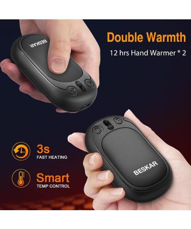 BESKAR Rechargeable Hand Warmer 2 Pack - USB Electric Pocket Heater & Powerbank for Outdoor, Golf, Raynauds - Double-Sided Heating, Quick Charge - Black - Buy Online on SooperMarket.com