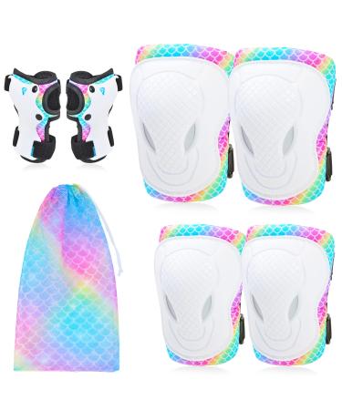 Ausletie Knee Pads for Kids Elbow Pads Wrist Guards, Kids Girls Knee Pads and Elbow Pads Set, 7 in 1 Kids Skating Protective Gear for Skateboard Roller Skating Scooter Cycling, 3-8 Years Rainbow Mermaid