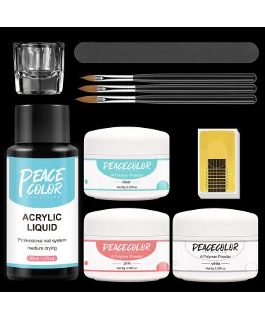 PEACECOLOR Acrylic Nail Kit for Beginners White Clear Pink Colors Acrylic Powder and Liquid Set Acrylic Nail Art Brush Nail Extension Carving PB0001