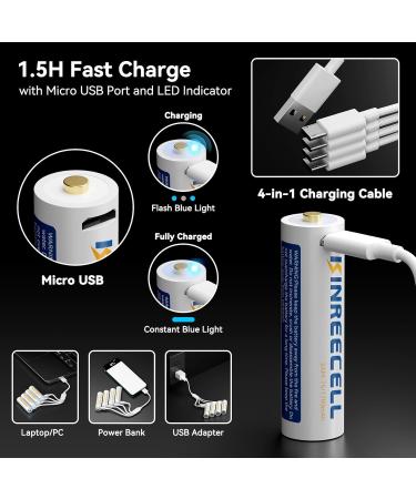 Rechargeable AA Li-Ion Batteries - 2600mWh 1.5V Fast Charging - 4 Pack with USB Cables for Smart Devices & Game Controllers - Buy Online on SooperMarket.com