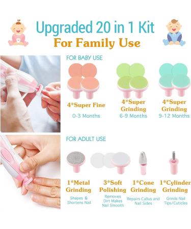 Zooawa 20 in 1 Electric Baby Nail Trimmer Kit - Nail Clipper, File & Polish Grooming Set for Newborns to Adults - Pink - Buy Online on SooperMarket.com