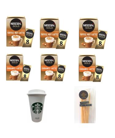 Nescafe Gold Instant Coffee Sachets Mix Contains 24 Sachets Each of Toffee Nut Latte and Caramel Latte Flavours Bundled With 48 x Temas Store Coffee Stirrers & A Reusable Coffee Cup| Coffee Gift Set