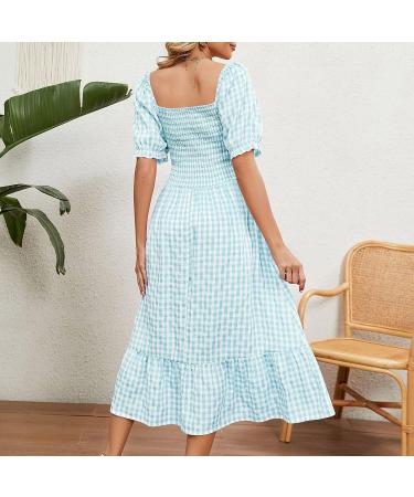 2023 Women's Casual Ruffle Sundress | Smocked Flowy Maxi Dress | Square Neck Plaid | Pink X-Large - Buy Online on SooperMarket.com