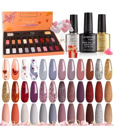 Lavender Violets Gel Nail Polish 21 Pcs New Year Gift Set Nude Grey Orange Red Glitter Valentine's Day UV LED Varnish Soak Off Shellac Nail Polish Base Glossy n Matte Top Coat Sliver Gold Manicure 987 Birthday Gift-987