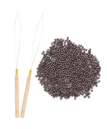 Vlasy Nano Beads Silicone Lined 3.0mm Nano Rings 200PCS and 2PCS Hair Extension Loop Needle Threaders for Hair Extensions or Hair Tinsel (Brown) Brown Beads Loop Threaders Set